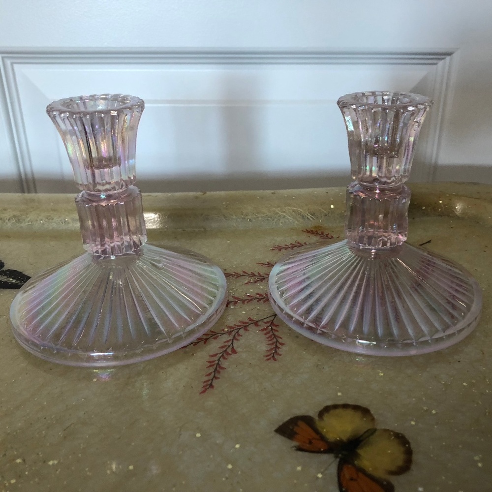 Vintage pink carnival glass candlestick holders